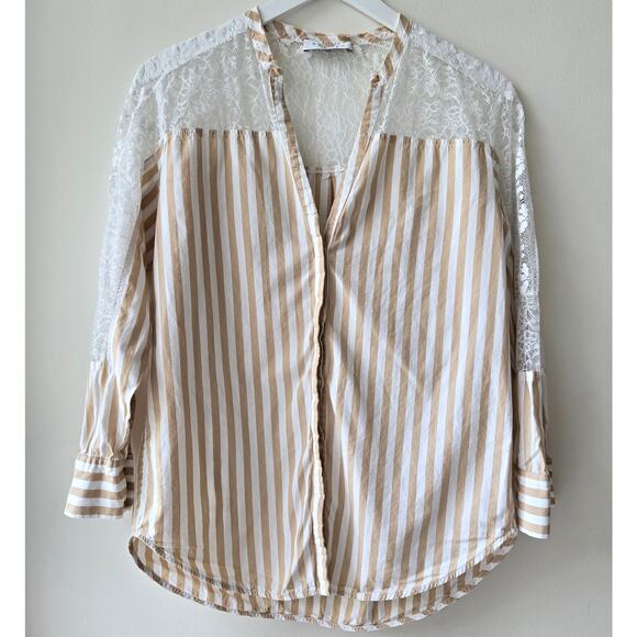 SANDRO Paris Striped V-Neck Button-Up Long Sleeve Collarless Top Size 1 Small - Picture 1 of 12
